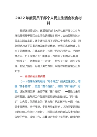 2022年度党员干部个人民主生活会发言材料 (2)