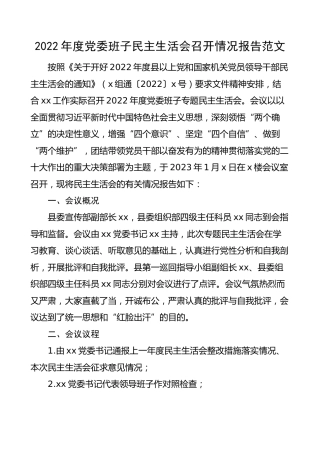 2022年度党委班子民主生活会召开情况报告范文（2023年，六个带头，工作汇报总结）