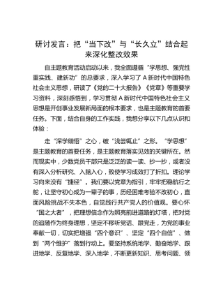 主题教育研讨发言：把“当下改”与“长久立”结合起来   深化整改效果