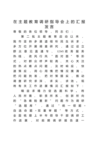 在主题教育调研指导会上的汇报发言（市）