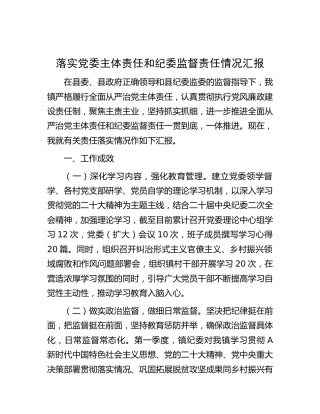乡镇落实党委主体责任和纪委监督责任情况总结汇报2600字