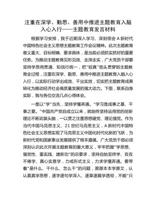 注重在深学、勤思、善用中推进主题教育入脑入心入行——主题教育发言材料