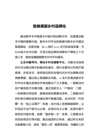 银行助推美丽乡村品牌化经验材料