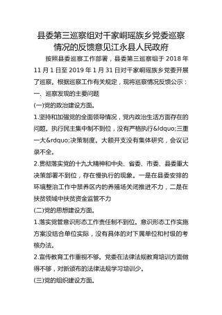 巡察组对千家峒瑶族乡党委巡察情况的反馈意见