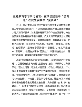 主题教育学习研讨发言：在学思践悟中“尝真理”  在民生实事中“见真效”