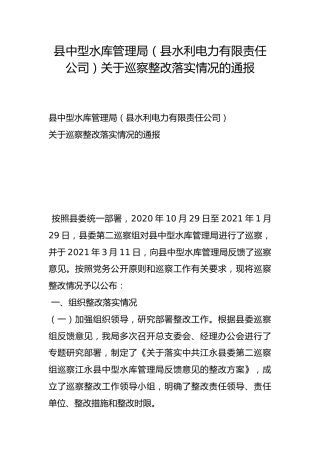 县中型水库管理局（县水利电力有限责任公司）关于巡察整改落实情况的通报