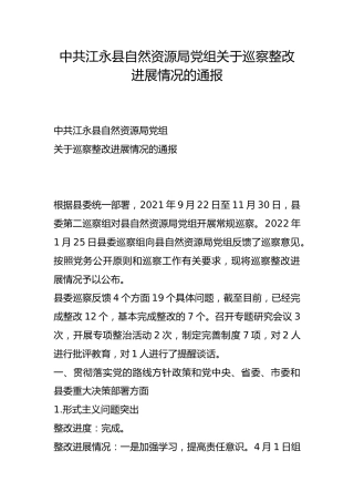 县自然资源局党组关于巡察整改进展情况的通报