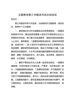 主题教育第三专题读书班总结强调讲话