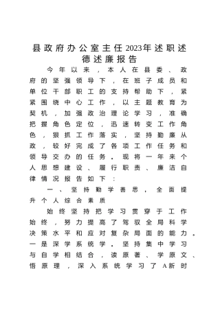 县政府办公室主任2023年述职述德述廉报告3600字