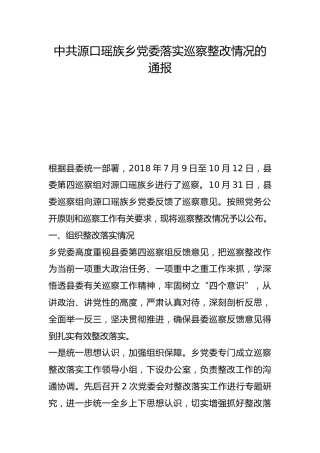 源口瑶族乡党委落实巡察整改情况的通报