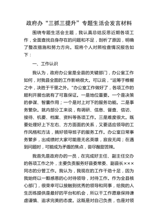 政府办“三抓三提升”专题生活会发言2
