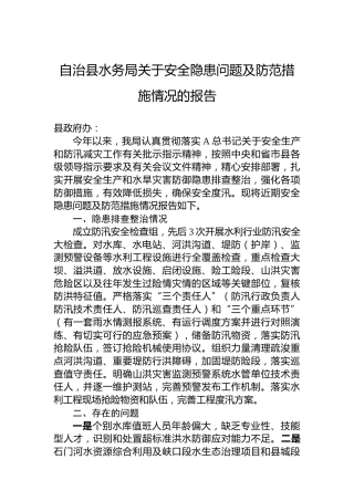 县水务局关于安全隐患问题及防范措施情况的报告