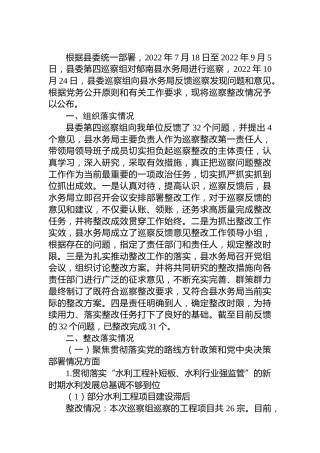 县水务局关于巡察整改阶段性进展情况的通报（总结报告）