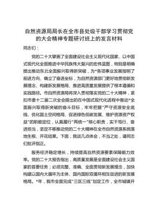 自然资源局局长在全市县处级干部学习贯彻二十大精神专题研讨班上的发言4100字