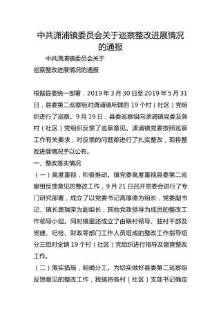 潇浦镇委员会关于巡察整改进展情况的通报