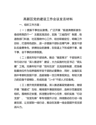 高新区党的建设（党建）工作会议发言材料