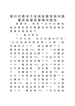 银行纪委关于巡视巡察发现问题整改监督检查情况报告1900字（总结）