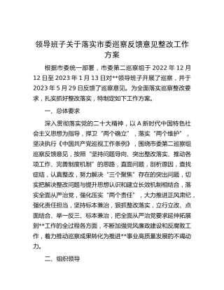 领导班子落实巡察反馈意见整改工作方案