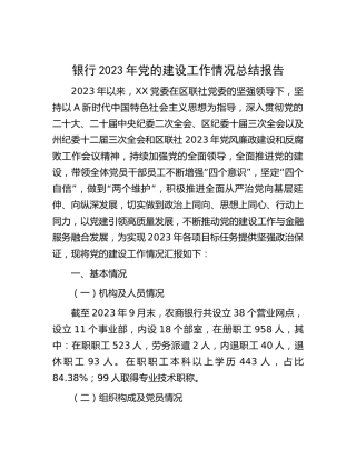 银行2023年党的建设（党建）工作情况总结报告6300字