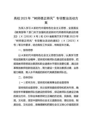 高校2023年“树师德正师风”专项整治活动方案（学校）