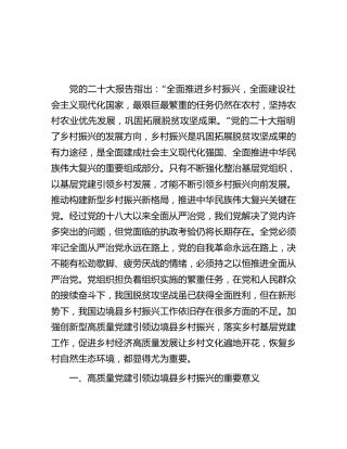 研讨发言：高质量党建引领边境县乡村振兴