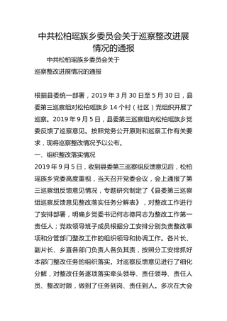 松柏瑶族乡委员会关于巡察整改进展情况的通报