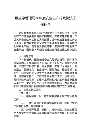 区应急管理局安全生产行政执法工作计划