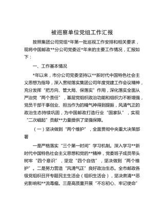 被巡察公司党组工作汇报（存在问题自查剖析）