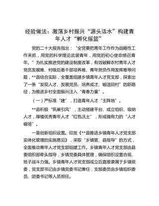 经验总结发言：激荡乡村振兴“源头活水” 构建青年人才“孵化摇篮”