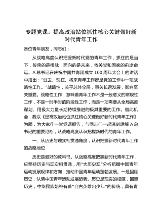 党课：提高政治站位 抓住核心关键 做好新时代青年工作
