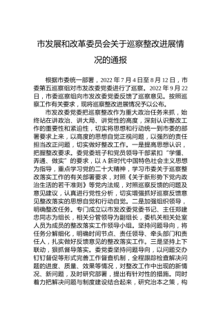 市发展和改革委员会关于巡察整改进展情况的通报(20230414)