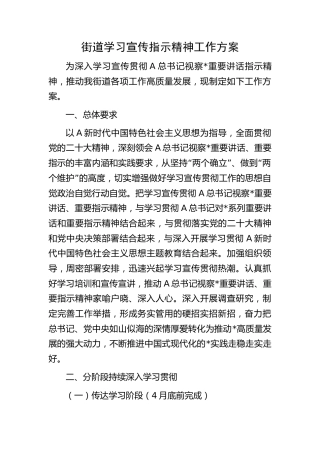 街道学习宣传总书记视察指示精神工作方案（结合主题教育2500字）