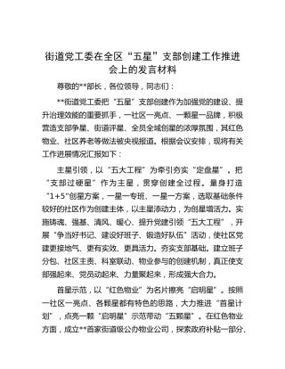 街道党工委在全区“五星”支部创建工作推进会上的发言