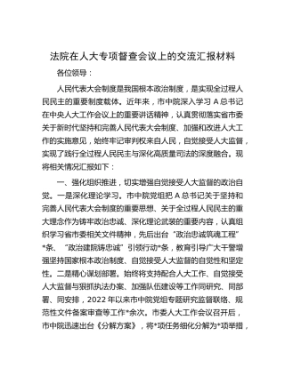 法院在人大专项督查会议上的交流汇报