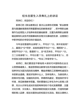 校长在新生入学典礼上的讲话（学校）
