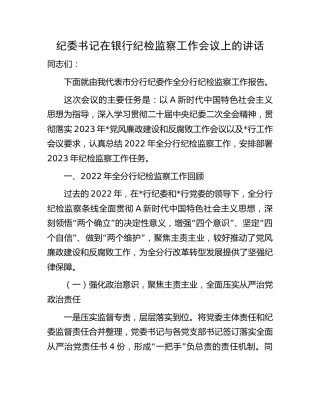 纪委书记在银行纪检监察工作会议上的讲话8500字