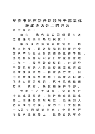 纪委书记在新任职领导干部集体廉政谈话会上的讲话3300字（公司）√