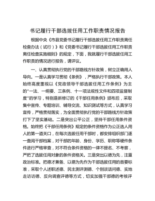 书记履行干部选拔任用工作职责情况报告3900字