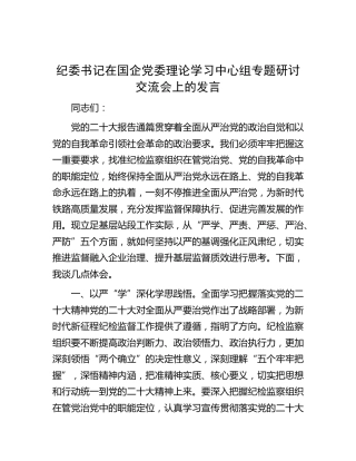 纪委书记在国企中心组专题研讨交流会上的发言（从严治党）