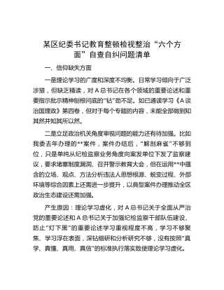 纪委书记教育整顿检视整治“六个方面”自查自纠问题清单2900字