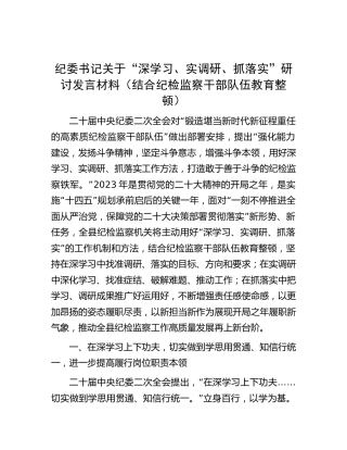 纪委书记“深学习、实调研、抓落实”研讨发言2900字（结合纪检监察干部队伍教育整顿）