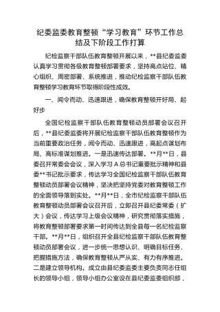 纪委监委教育整顿“学习教育”环节工作总结及下阶段工作计划