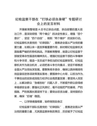 纪检监察干部在教育整顿“打铁必须自身硬”专题研讨会上的发言