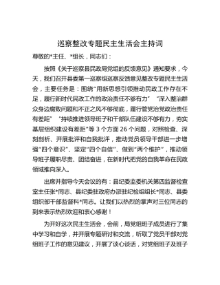 巡察整改专题民主生活会主持词、总结发言