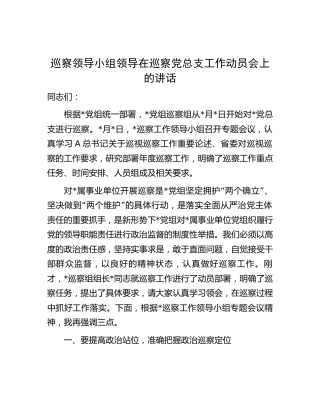 巡察领导小组领导在巡察党总支工作动员会上的讲话