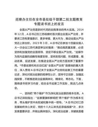 巡察办主任在第二批主题教育专题读书班上的研讨发言4700字