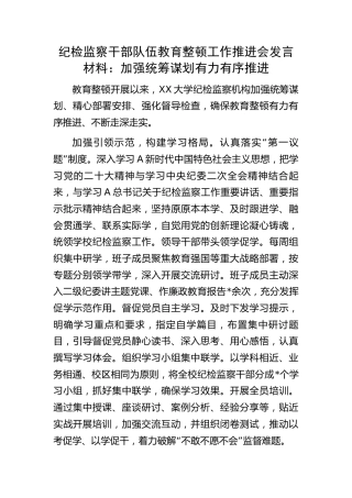 纪检监察干部队伍教育整顿工作推进会发言（学校工作总结汇报）