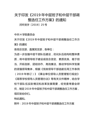 关于印发《2019年中层班子和中层干部调整选任工作方案》的通知
