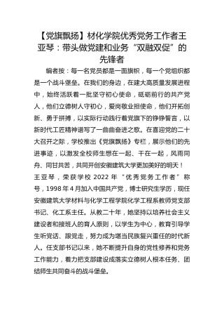 【党旗飘扬】材化学院优秀党务工作者王亚琴：带头做党建和业务“双融双促”的先锋者