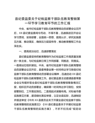 纪检监察干部队伍教育整顿第一环节学习教育环节的工作总结汇报（4300字纪委监委）